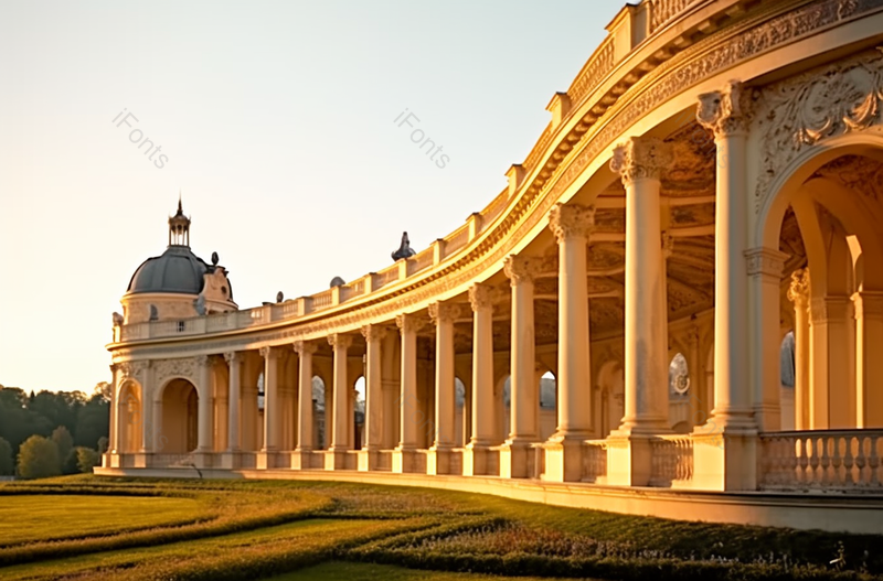黄色日光下欧式建筑长廊草坪结婚摄影图,高清,摄影图,摄影图片,图片大全,摄影图免费下载